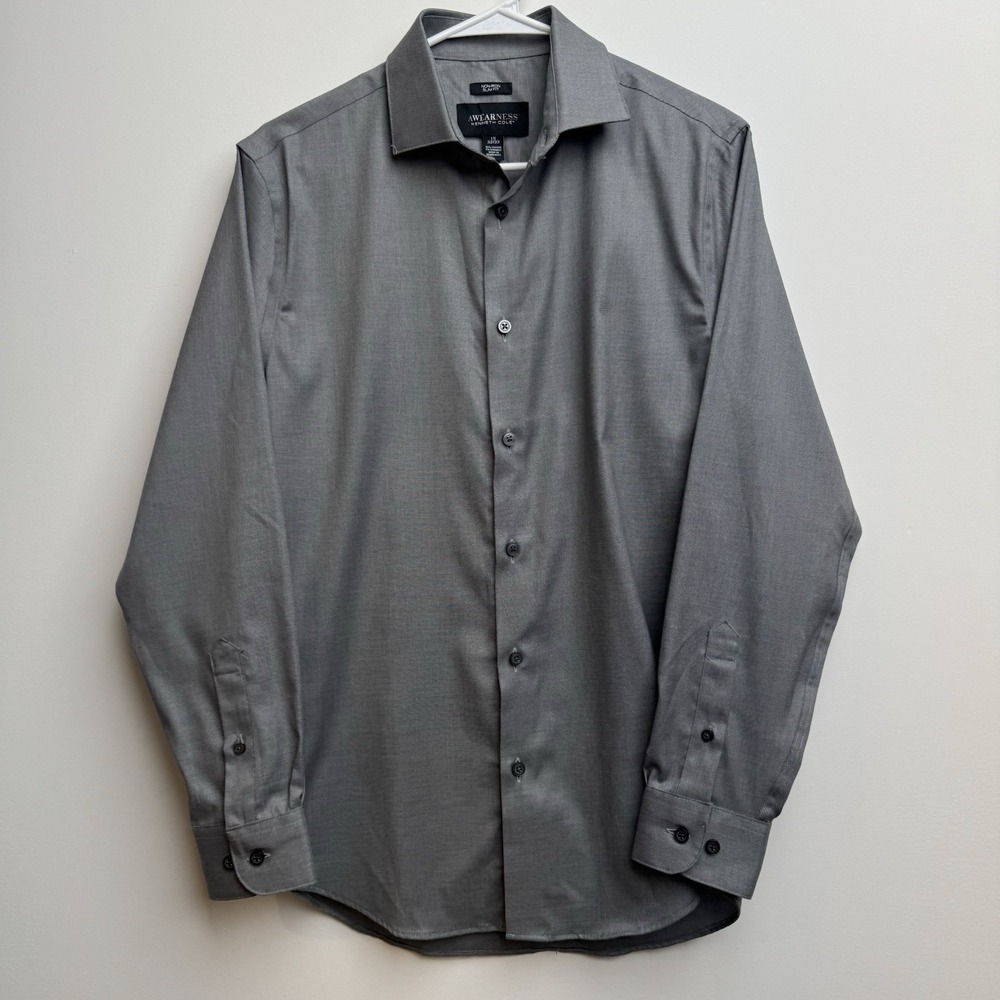 Awearness Kenneth Cole Shirt Men's 15 32/33 Gray Slim Fit Non-Iron Stretch Dress